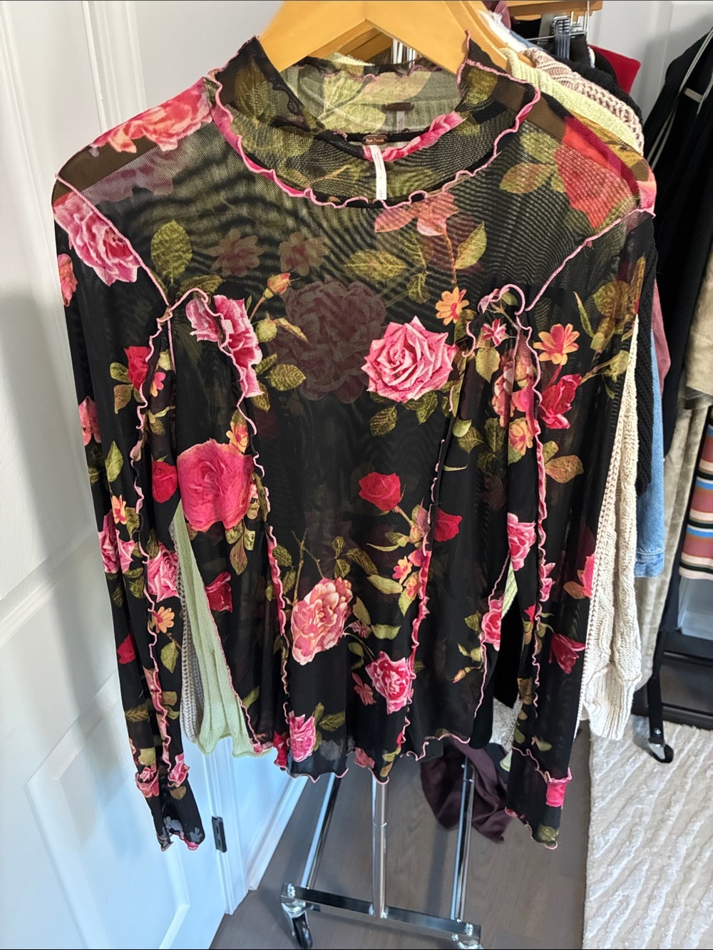 Free People Black Sheer Long-Sleeve Top with Pink Rose Print